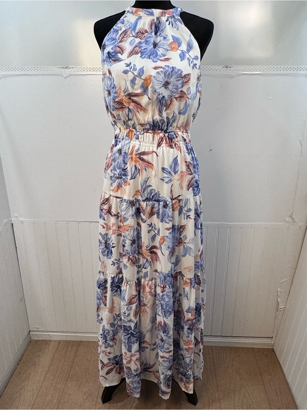 Japna Floral Halter Maxi Dress Large Blue Boho Cottagecore Tiered Summer